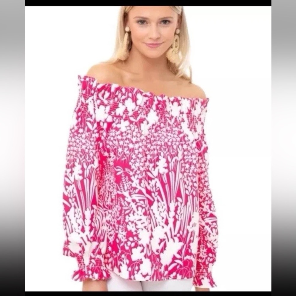 Tuckernuck small pink wild flower off the shoulder top.